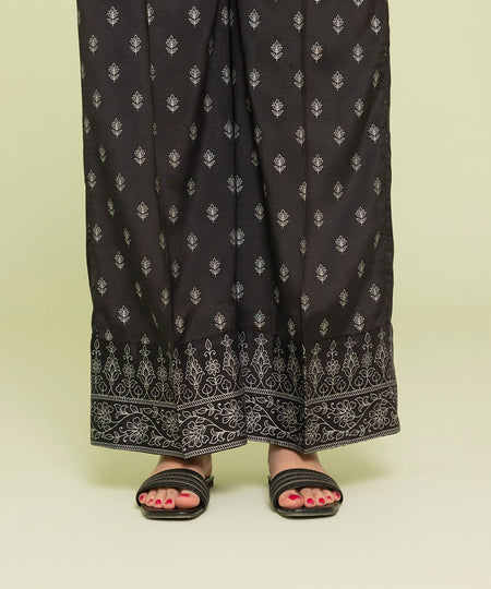 Women's Eid Pret Blended Raw Silk Printed Black Trousers