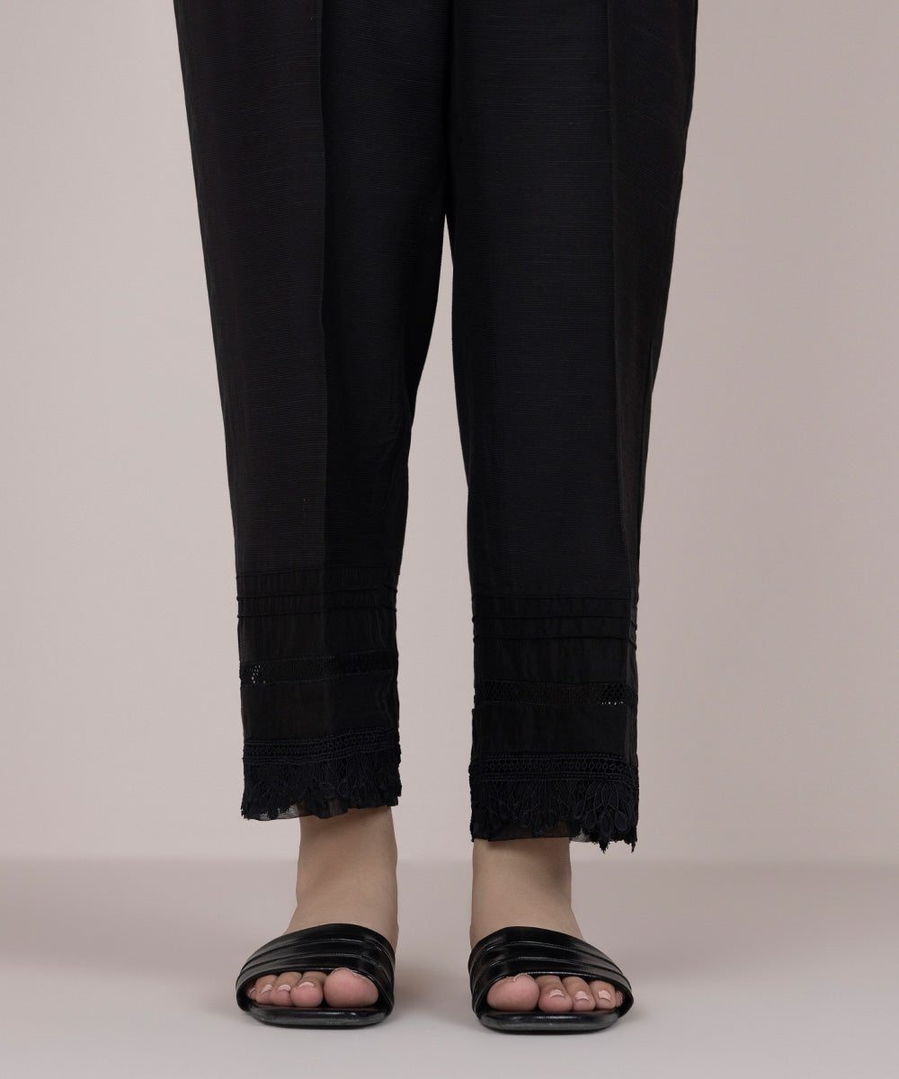 Women's Pret Viscose Raw Silk Black Dyed Straight Pants