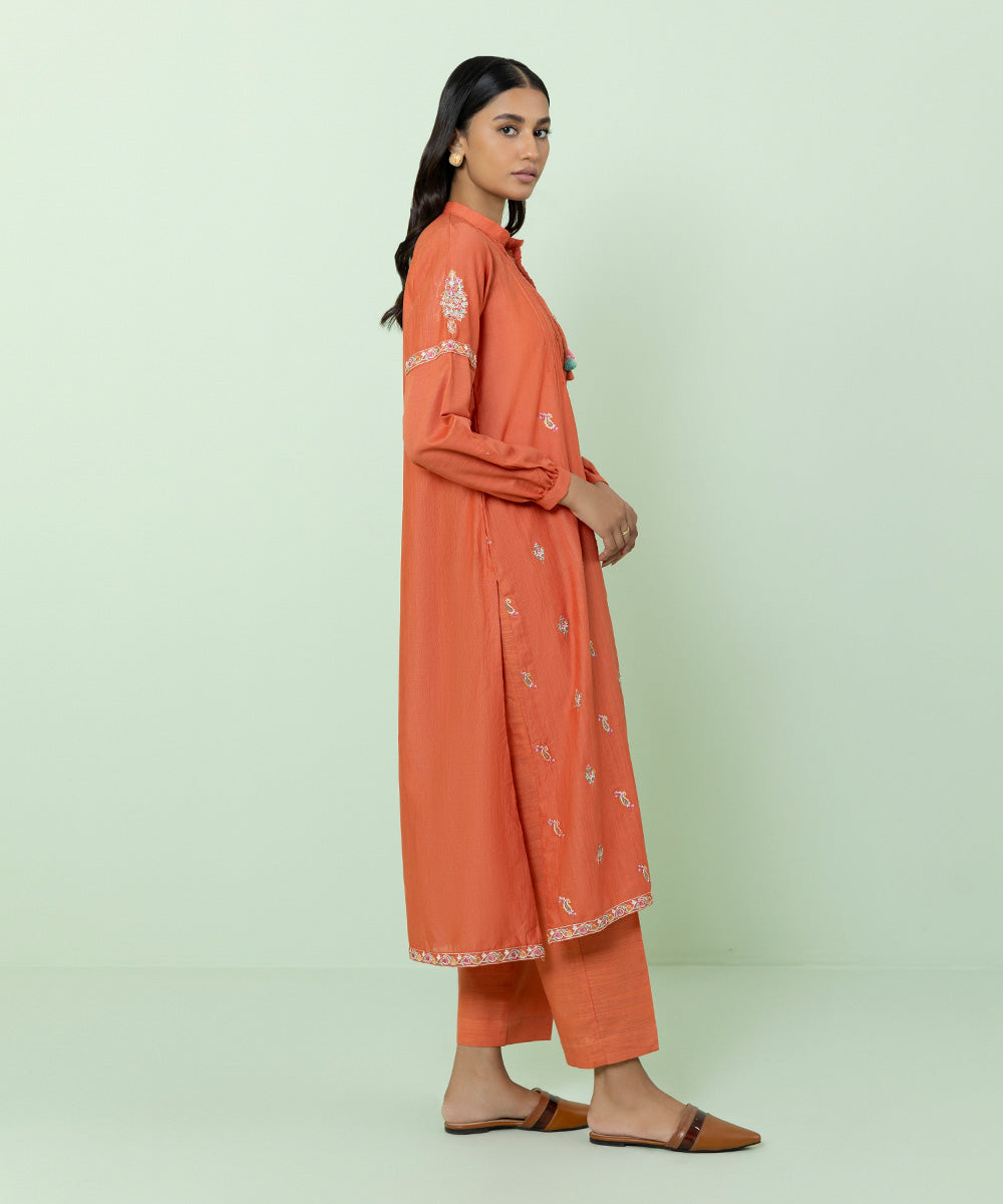 Women's Pret Recycled Cotton Embroidered Orange Straight Shirt