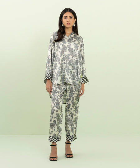 Women's Pret Blended Satin Printed Off White 2 Piece Suit