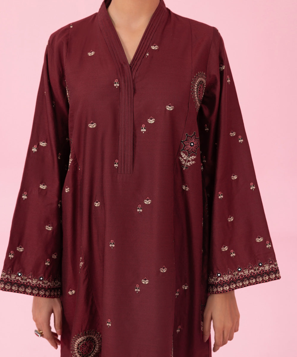 Women's Pret Embroidered Silk Cotton Net Red Straight Shirt