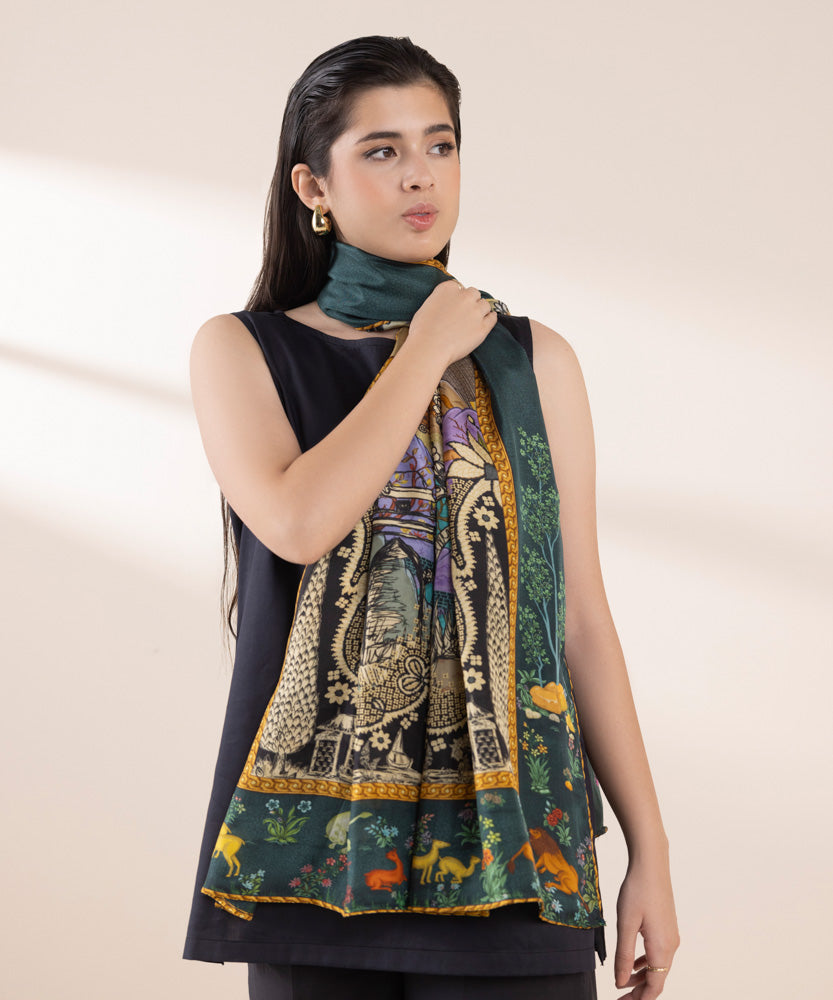 Women's Pret Dark Green Printed Silk Dupatta