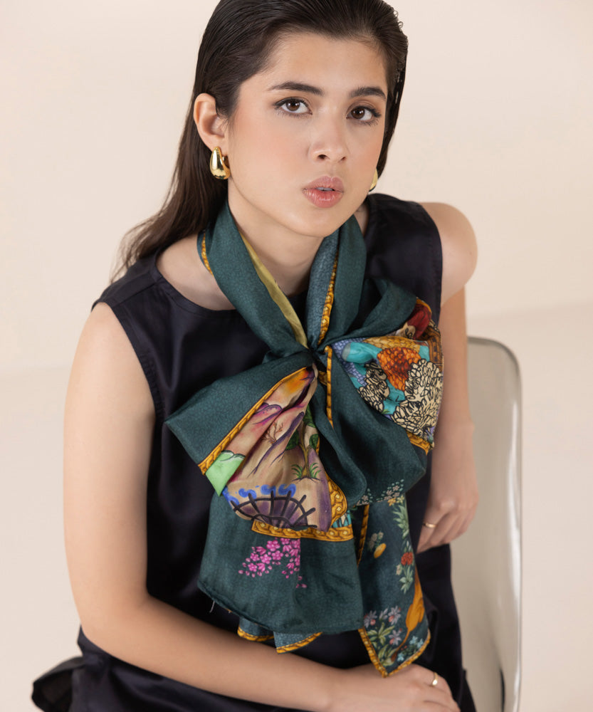 Women's Pret Dark Green Printed Silk Dupatta