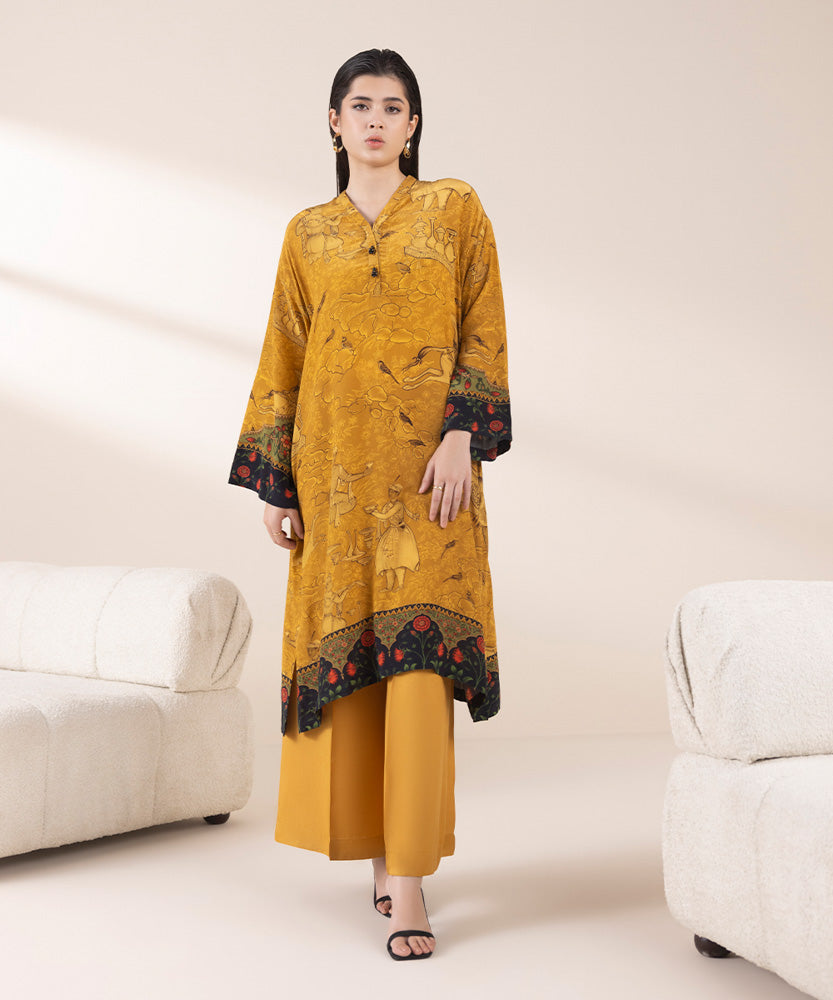 Women's Pret Burnt Mustard 2 Piece Printed Raw Silk Suit