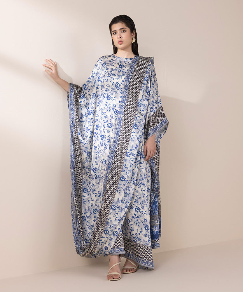 Women's Pret Off White Printed Satin Kaftan