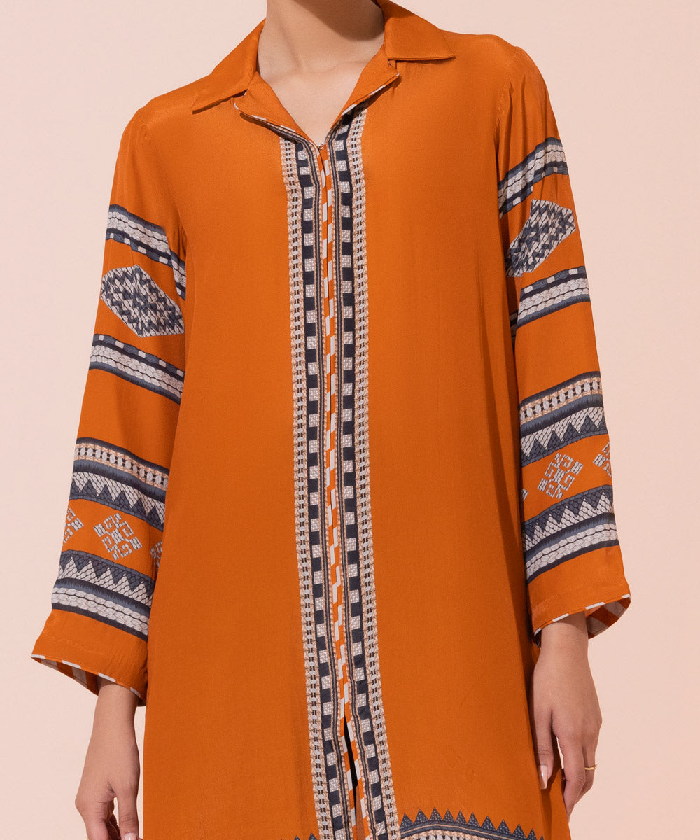 Women's Eid Pret Blended Grip Printed Brown Straight Shirt