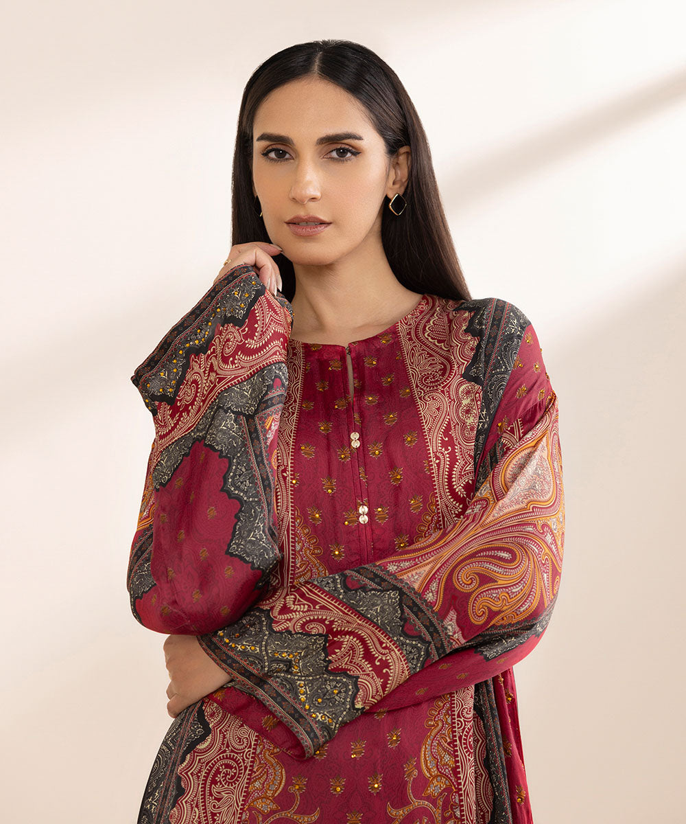 Women's Pret Chamoz Red Printed Straight Shirt