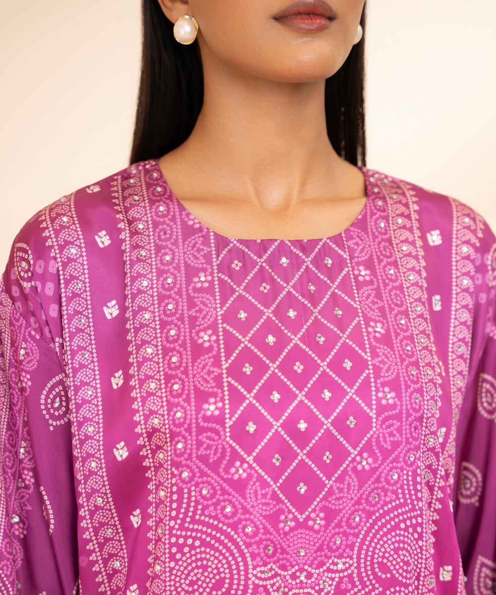 Women's Pret Blended Satin Printed Purple 2 Piece Suit