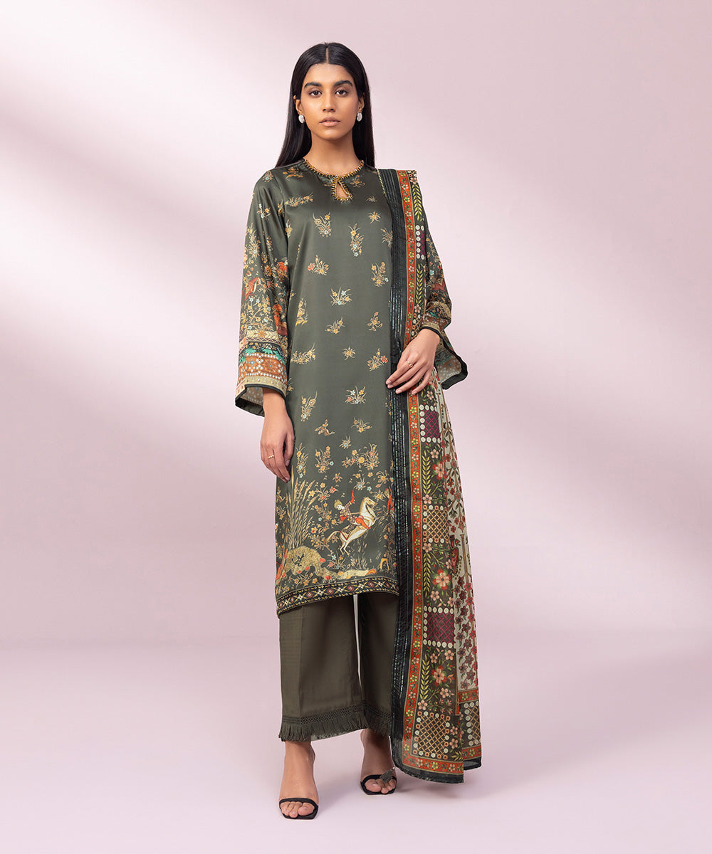 Women's Pret Blended Satin Printed Green 3 Piece Suit