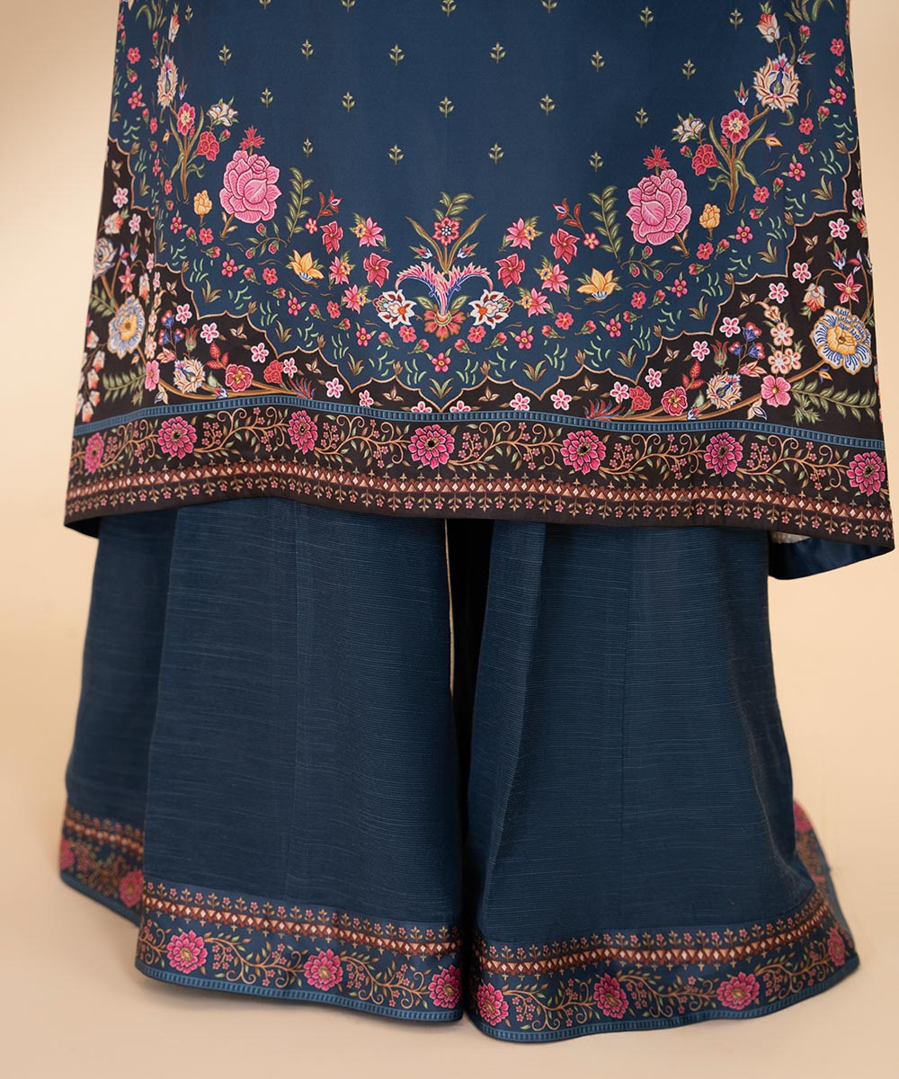 Women's Pret Blended Satin Printed Blue 3 Piece Suit