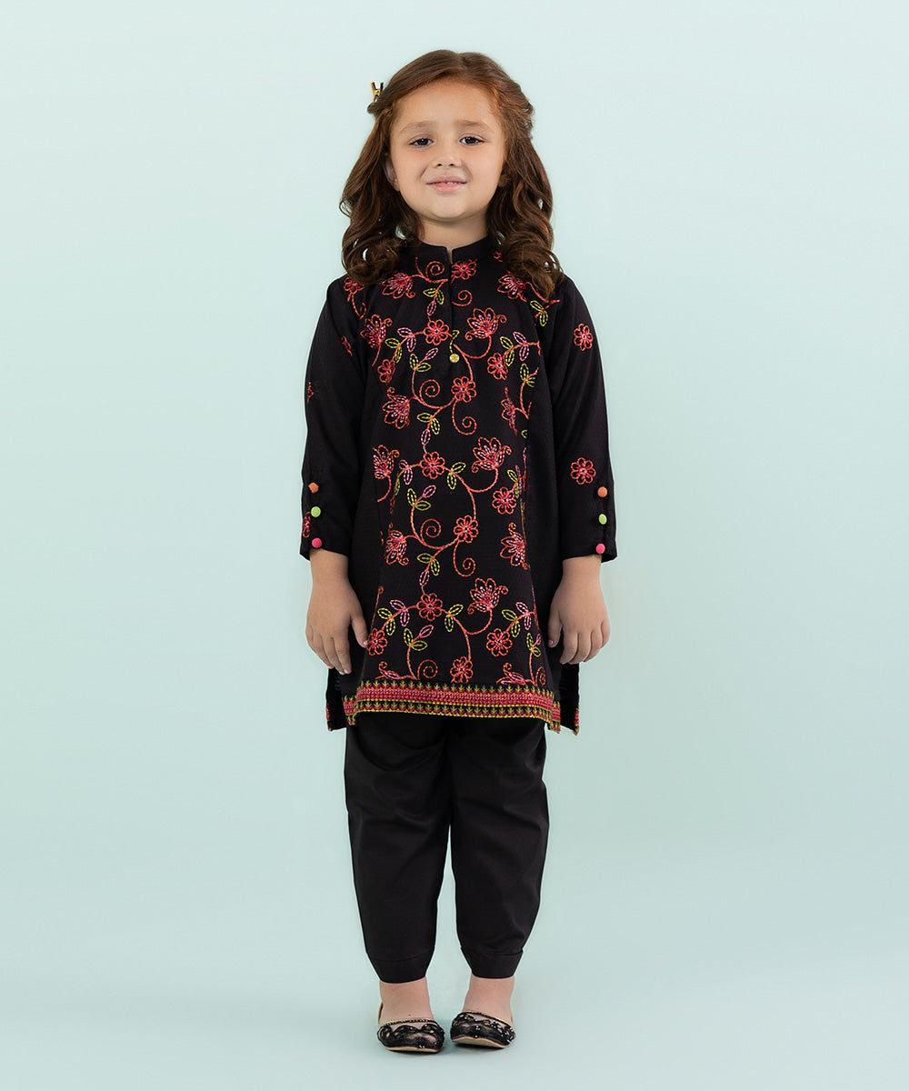 Girls Black 2 PC Embroidered Dobby Suit