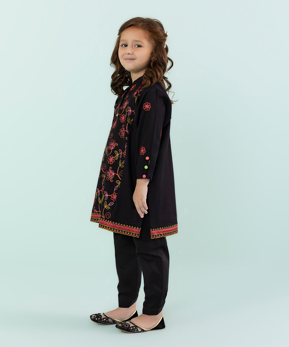 Girls Black 2 PC Embroidered Dobby Suit