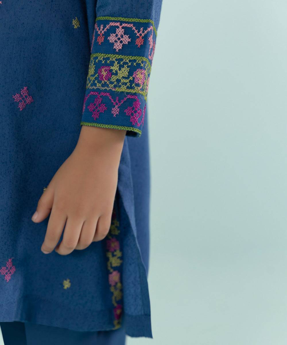 Girls Blue 2 PC Embroidered Karandi Suit
