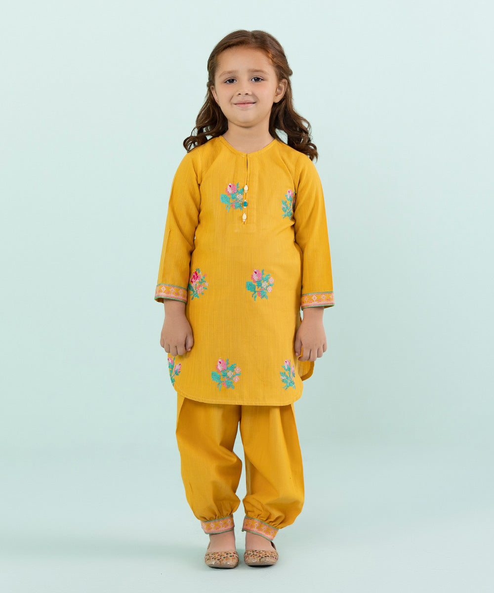 Girls Yellow 2 PC Embroidered Khadder suit