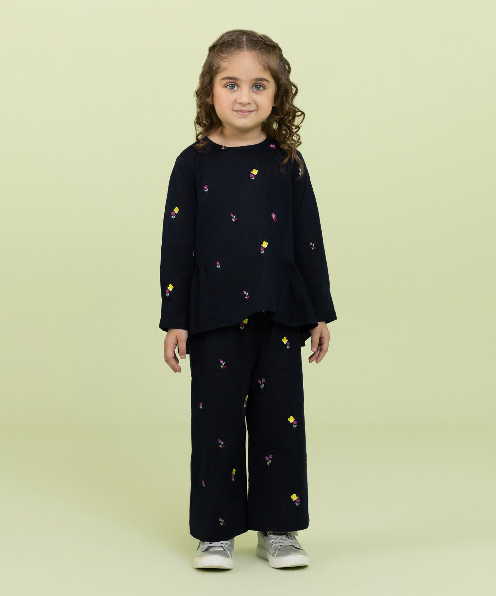 Girls Navy Blue 2 Piece Embroidered Cambric Suit