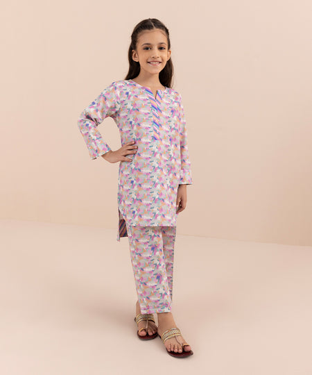 Girls Grey 2 Piece Printed Khaddar Suit