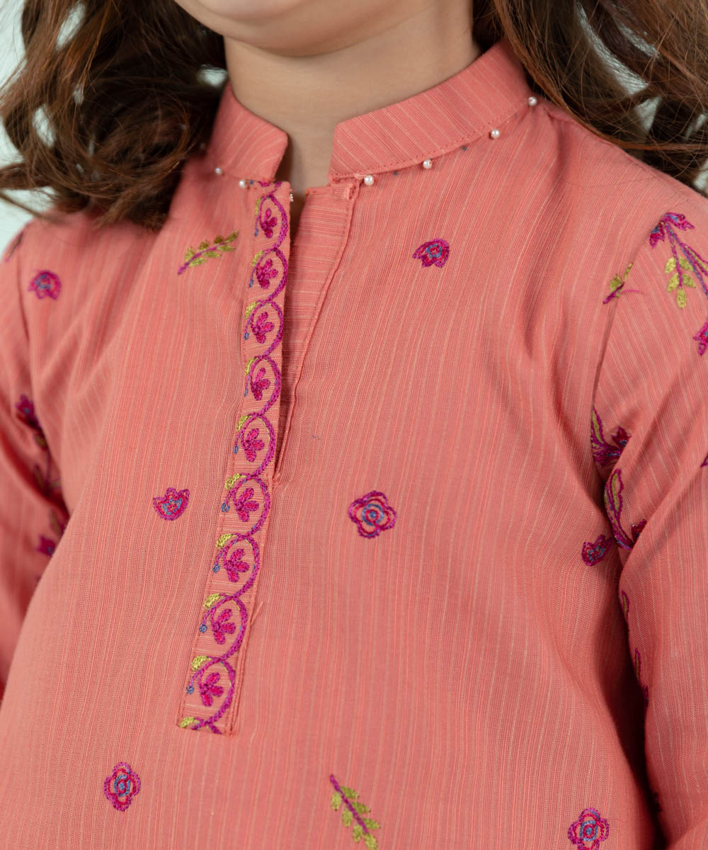 Girls Pink 3 PC Embroidered Zari Khaddar Suit
