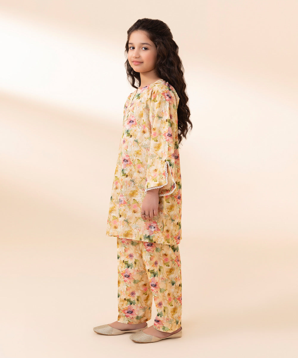 Girls Yellow 2 PC Embroidered Basic lawn Suit