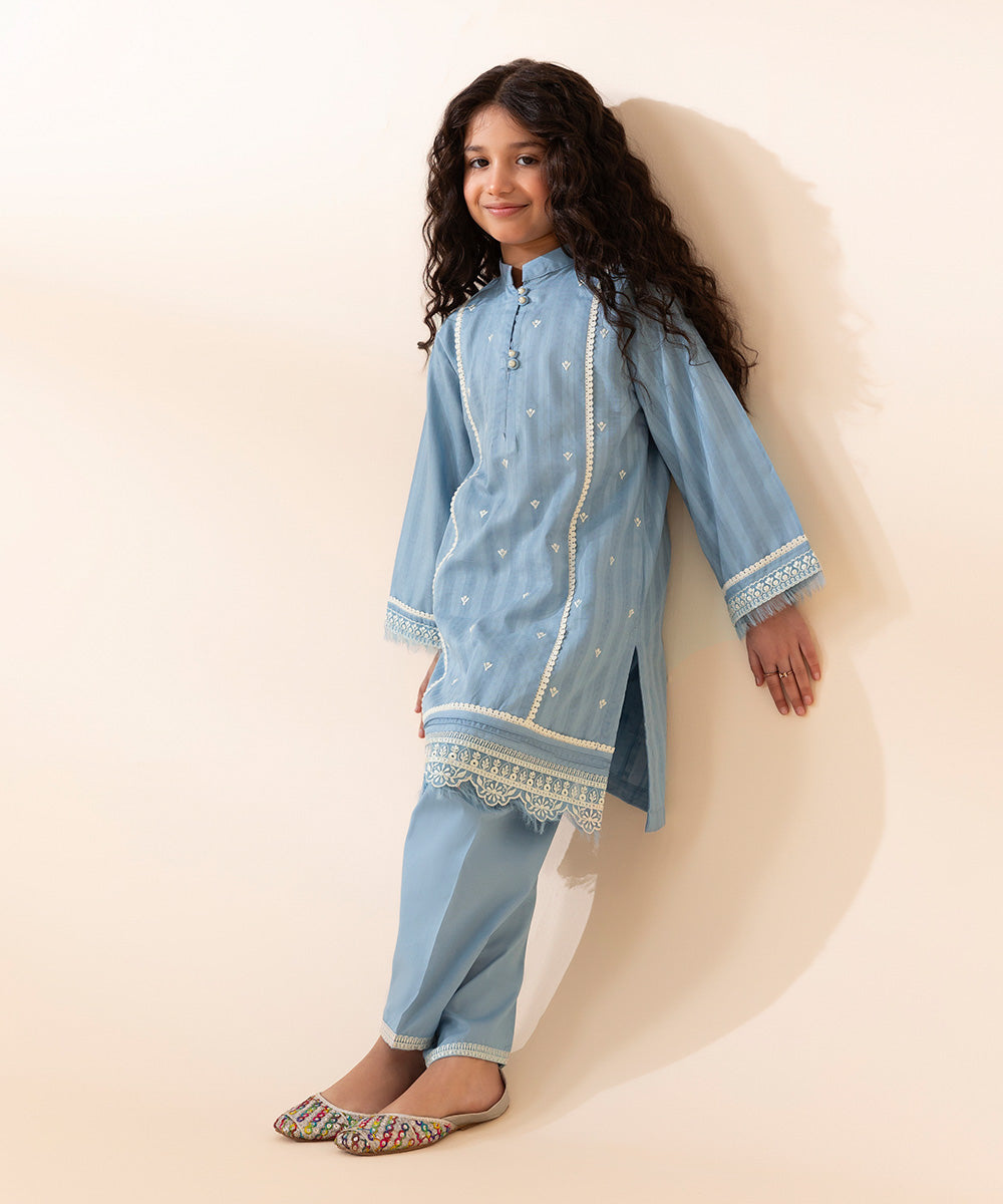 Girls Ice Blue 2 PC Embroidered Suit