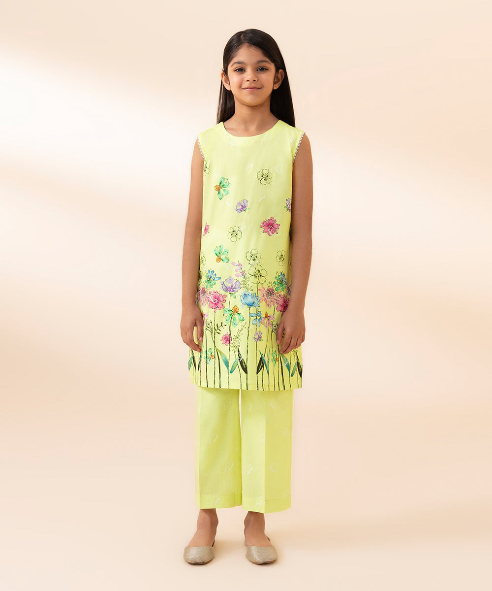Girls Lime Yellow 2 PC Embroidered Cambric Suit