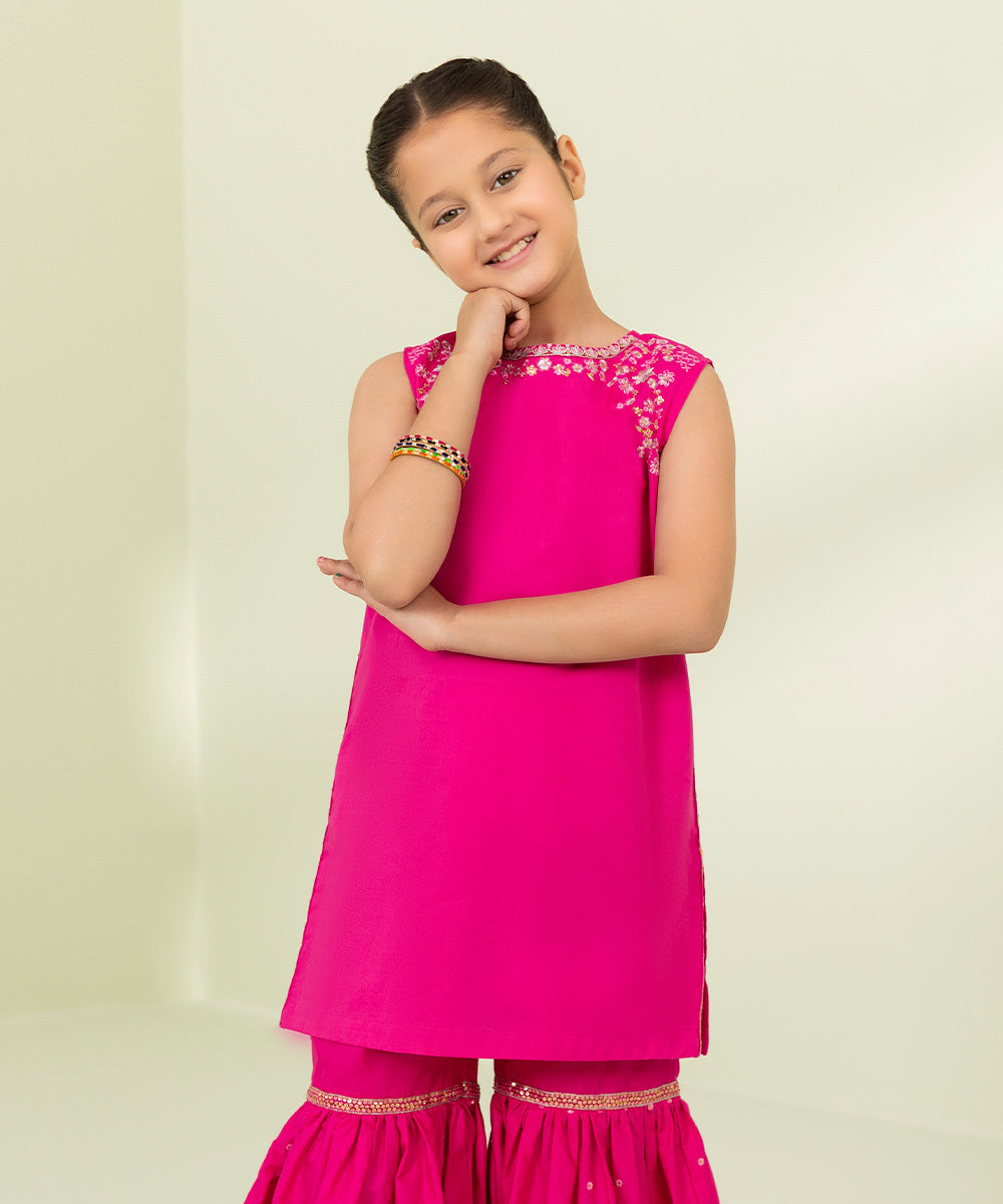 Kids East Girls Hot Pink 2 Piece Embroidered Cambric Suit