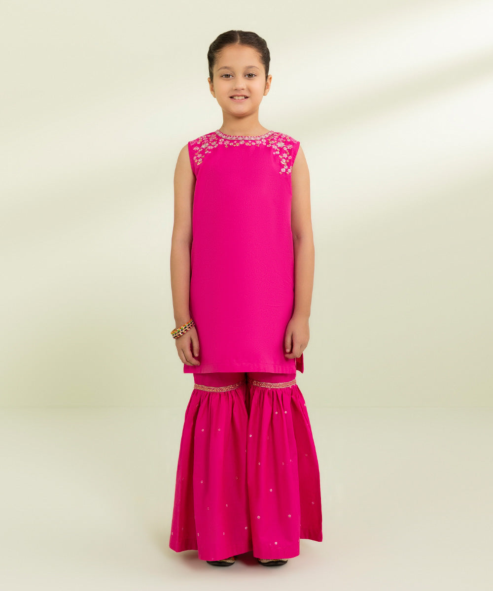 Kids East Girls Hot Pink 2 Piece Embroidered Cambric Suit