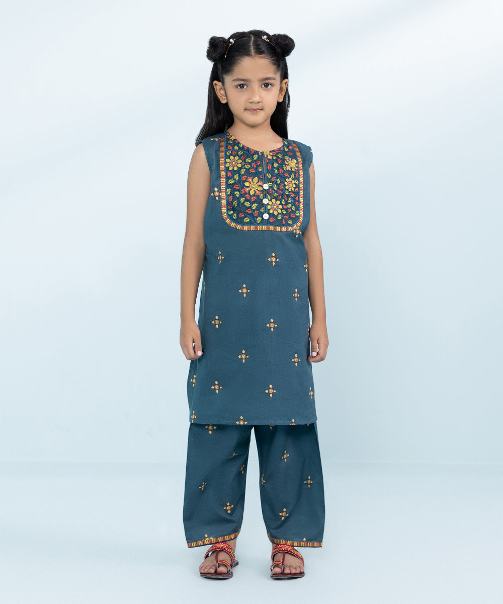 Kids East Girls Blue 2 Piece Embroidered Lawn Suit