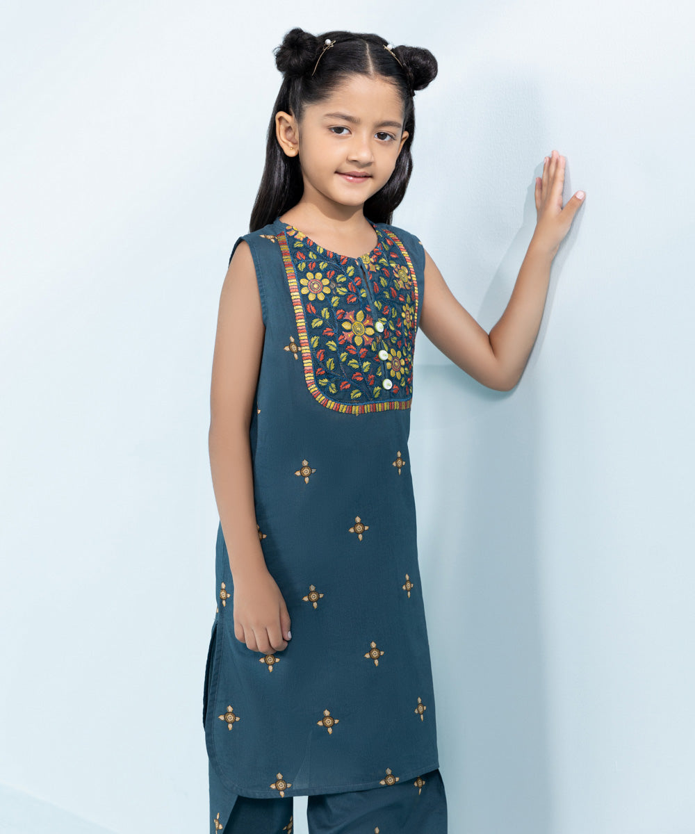 Kids East Girls Blue 2 Piece Embroidered Lawn Suit