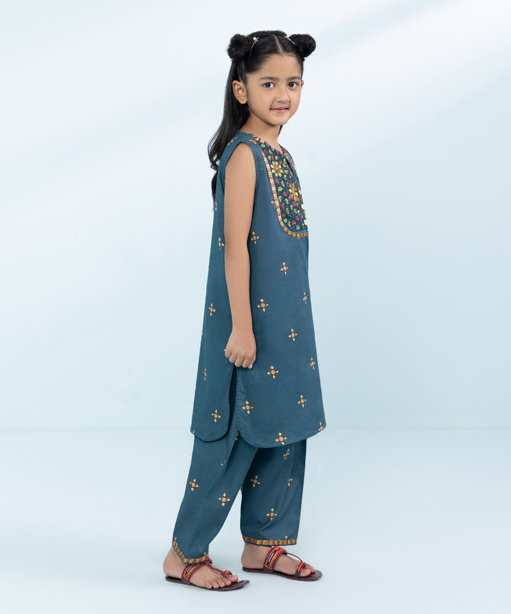 Kids East Girls Blue 2 Piece Embroidered Lawn Suit