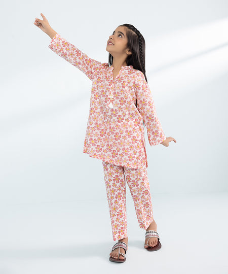 Kids East Girls Pink 2 Piece Printed Lawn Suit