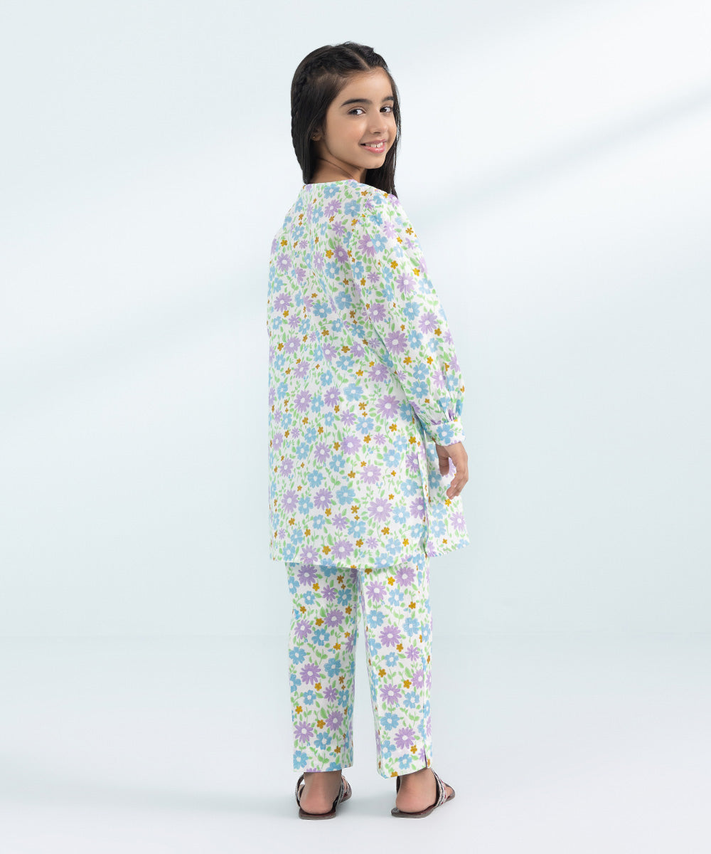 Kids East Girls White 2 Piece Printed Lawn Suit