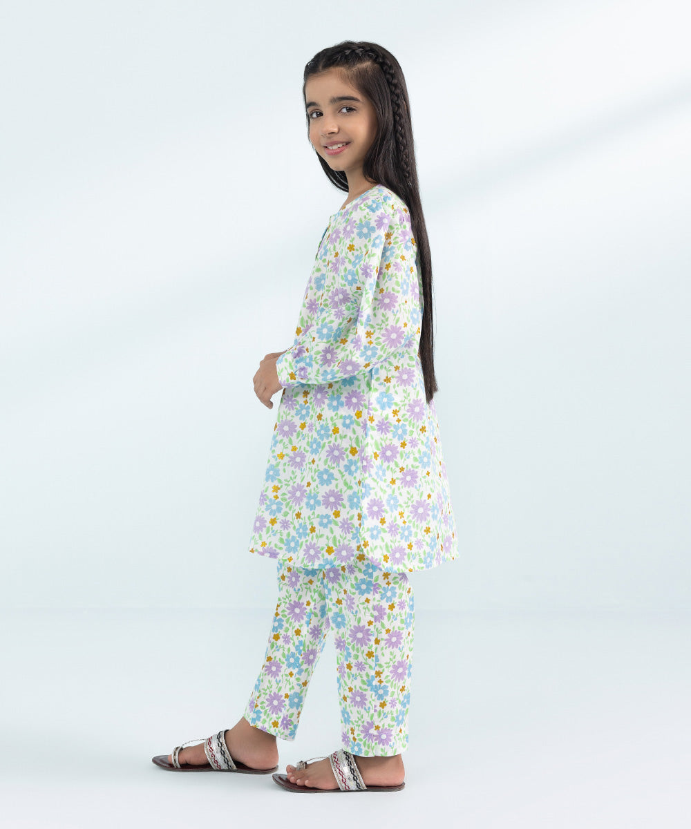 Kids East Girls White 2 Piece Printed Lawn Suit