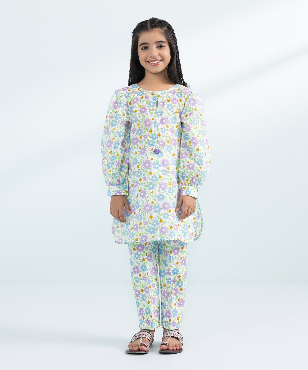 Kids East Girls White 2 Piece Printed Lawn Suit