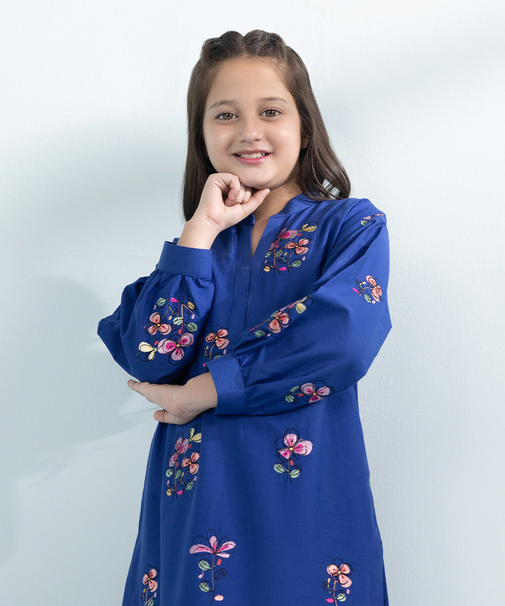 Kids East Girls Navy Blue 2 Piece Embroidered Cambric Suit