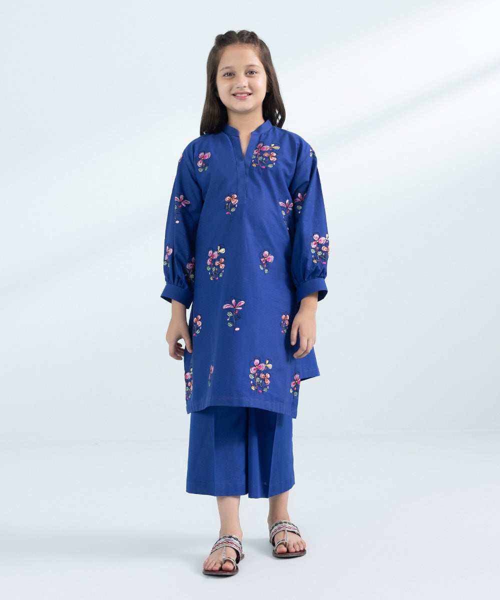 Kids East Girls Navy Blue 2 Piece Embroidered Cambric Suit