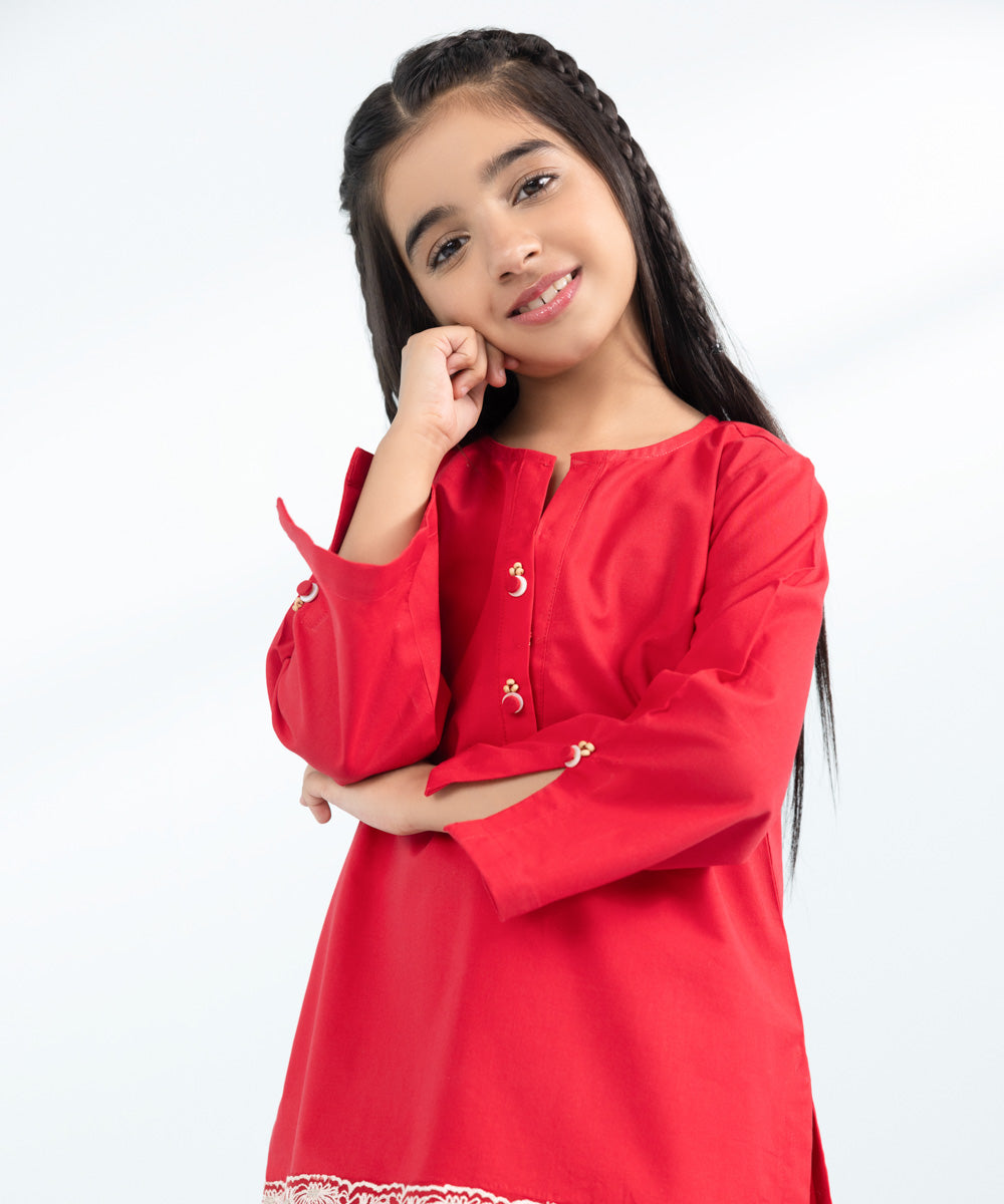 Kids East Girls Red 2 Piece Embroidered Cambric Suit