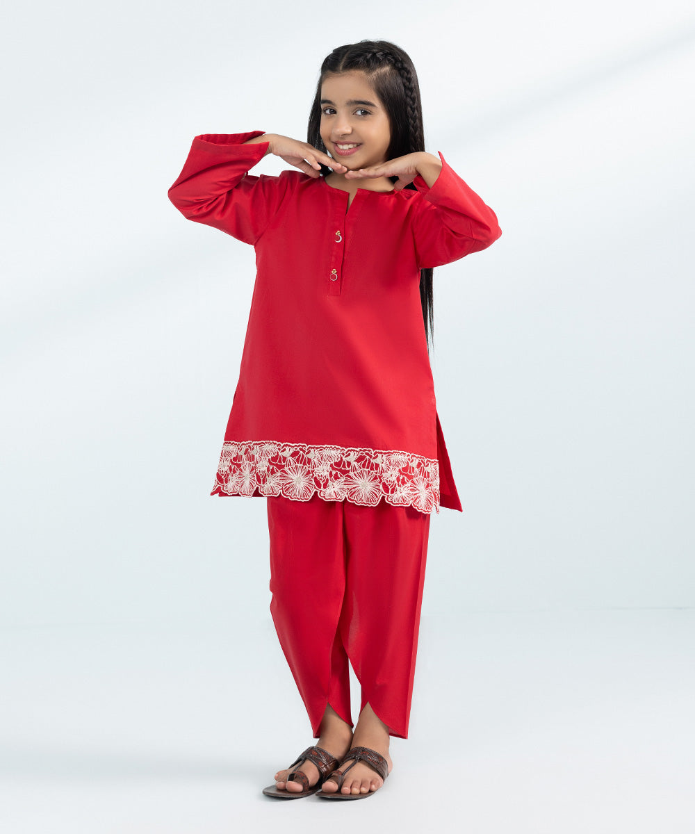 Kids East Girls Red 2 Piece Embroidered Cambric Suit