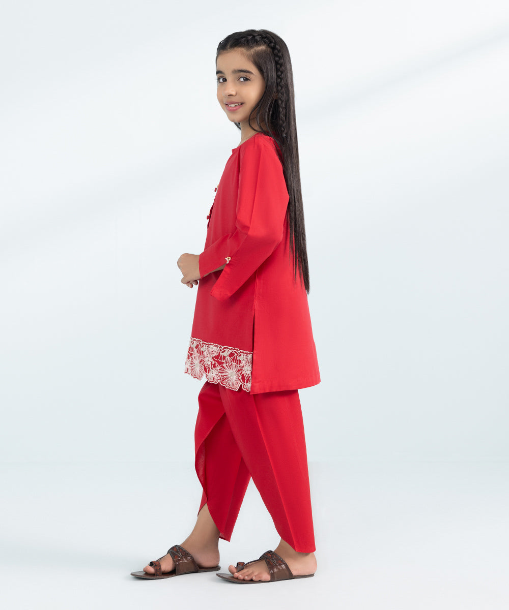 Kids East Girls Red 2 Piece Embroidered Cambric Suit