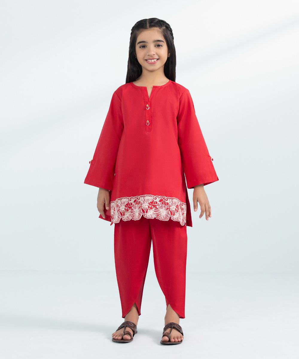 Kids East Girls Red 2 Piece Embroidered Cambric Suit