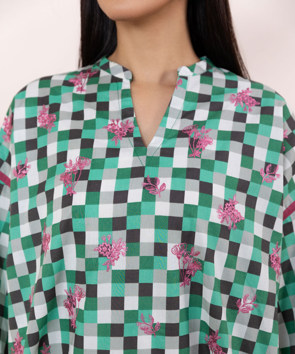 Women's Pret Cambric Embroidered Green Boxy Shirt