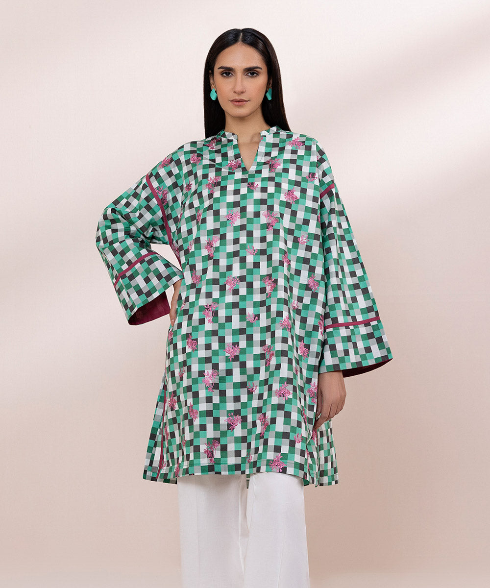 Women's Pret Cambric Embroidered Green Boxy Shirt