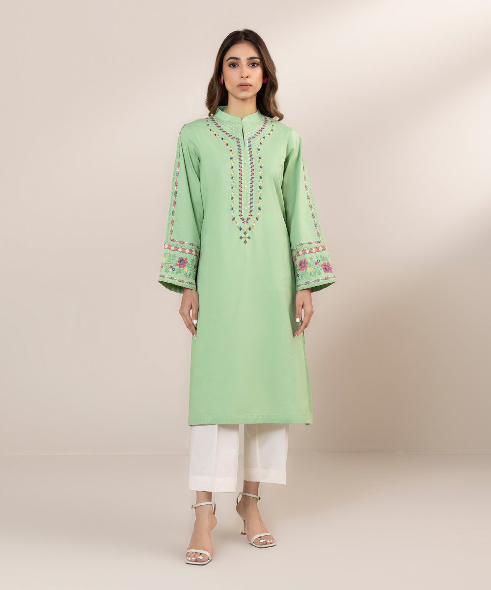 Women's Pret Cambric Solid Embroidered Green Straight Shirt