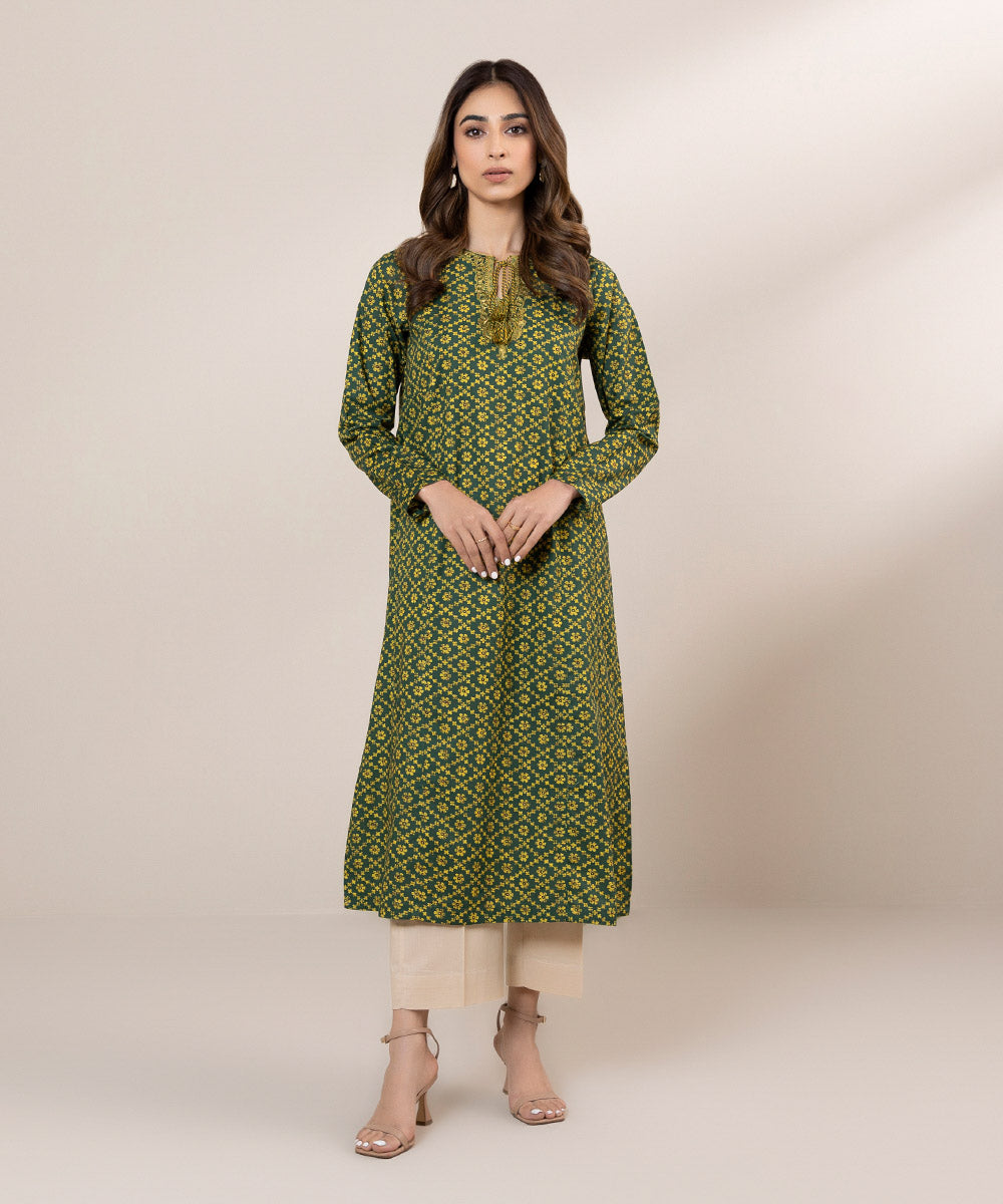 Women's Pret Cambric Printed Embroidered Green A-Line Shirt