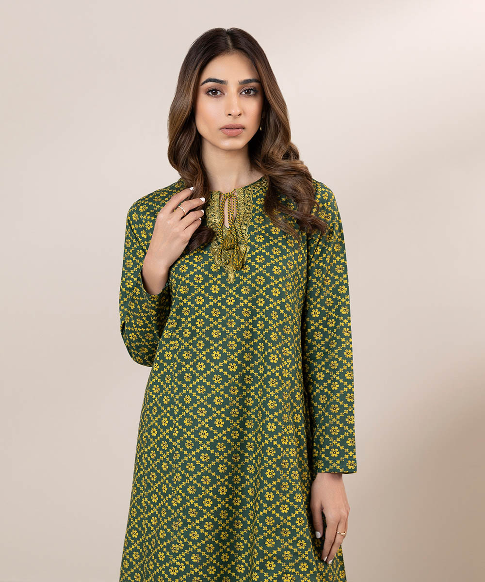 Women's Pret Cambric Printed Embroidered Green A-Line Shirt