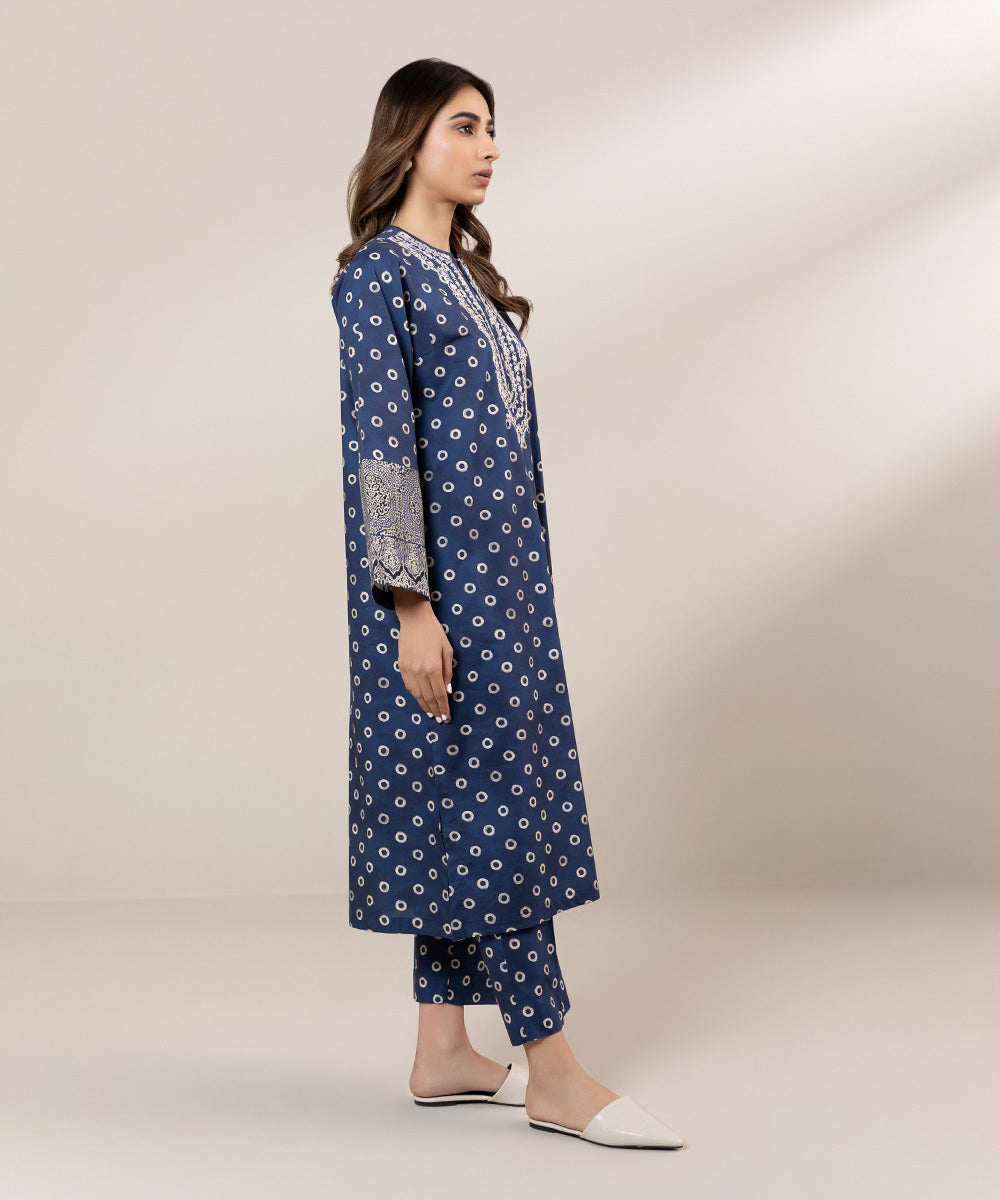 Women's Pret Cambric Printed Embroidered Blue Straight Shirt