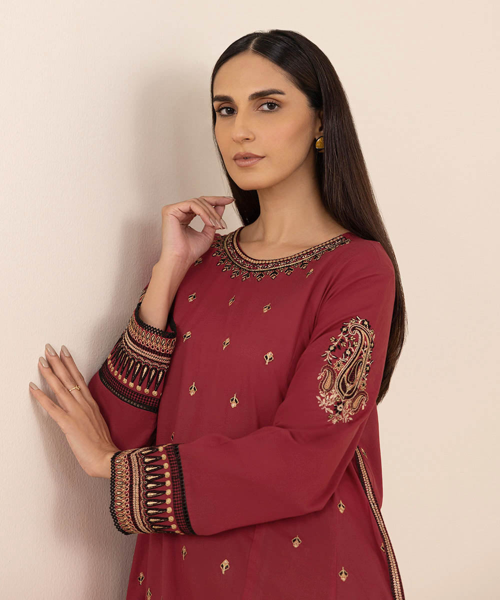 Women's Pret Lawn Solid Embroidered Red A-Line Shirt