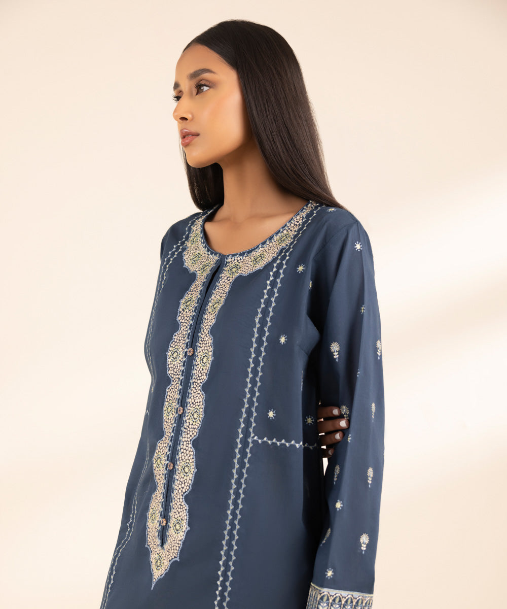Women's Pret Lawn Blue Solid Embroidered A-Line Shirt