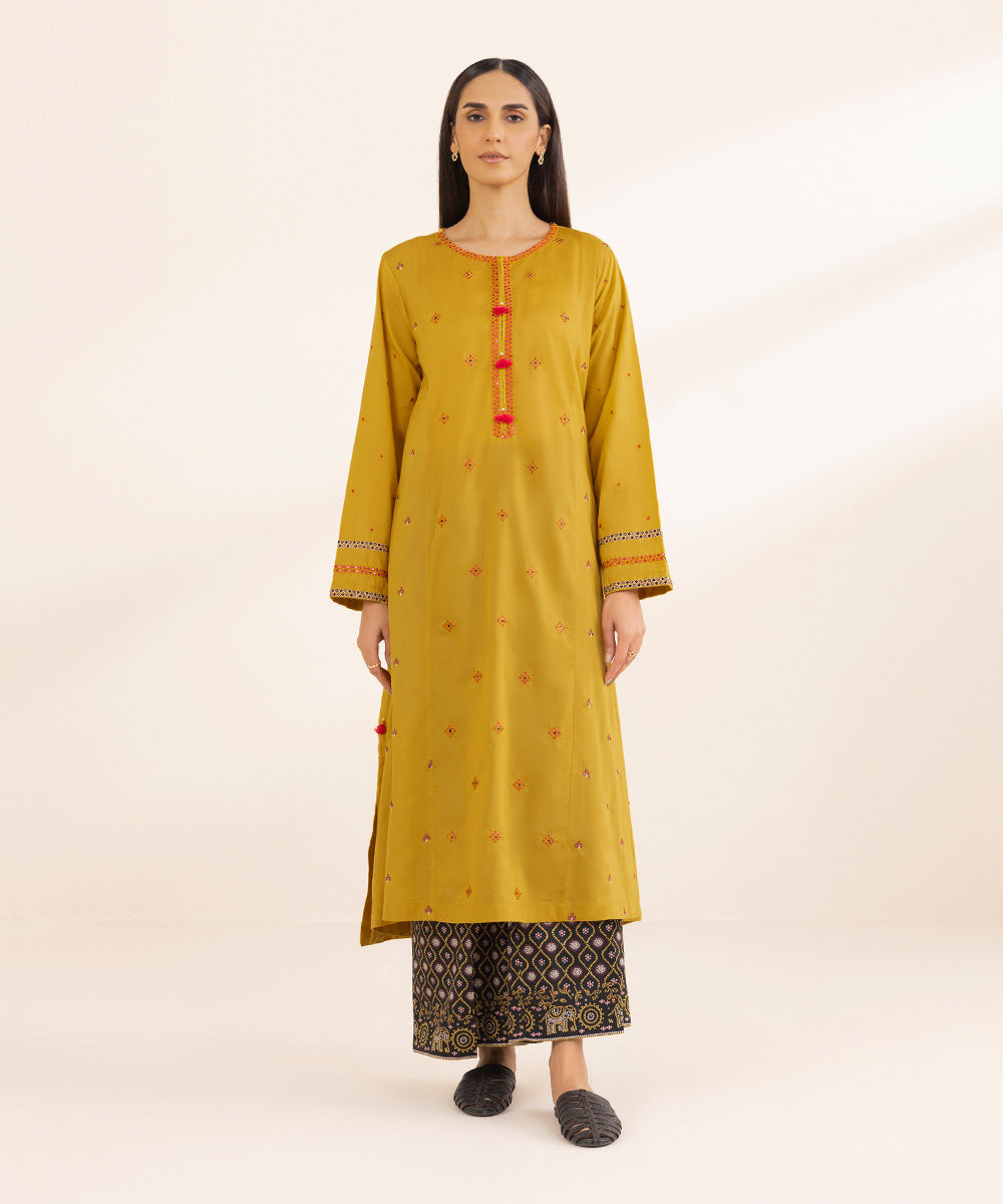 Women's Pret Lawn Solid Embroidered Yellow A-Line Shirt