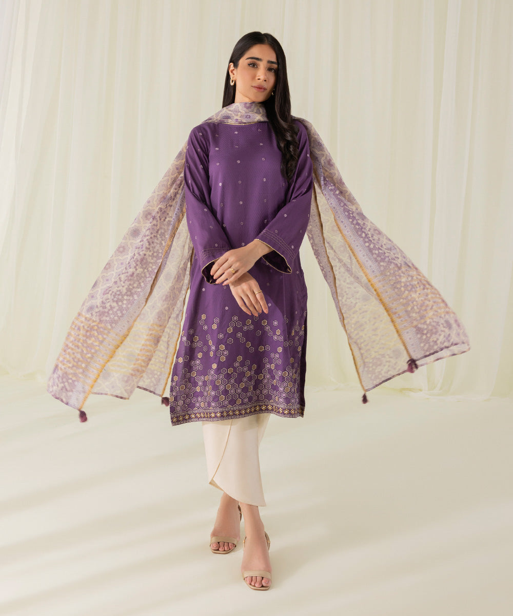 Women's Eid Pret Dobby Embroidered Purple 2 Piece Suit