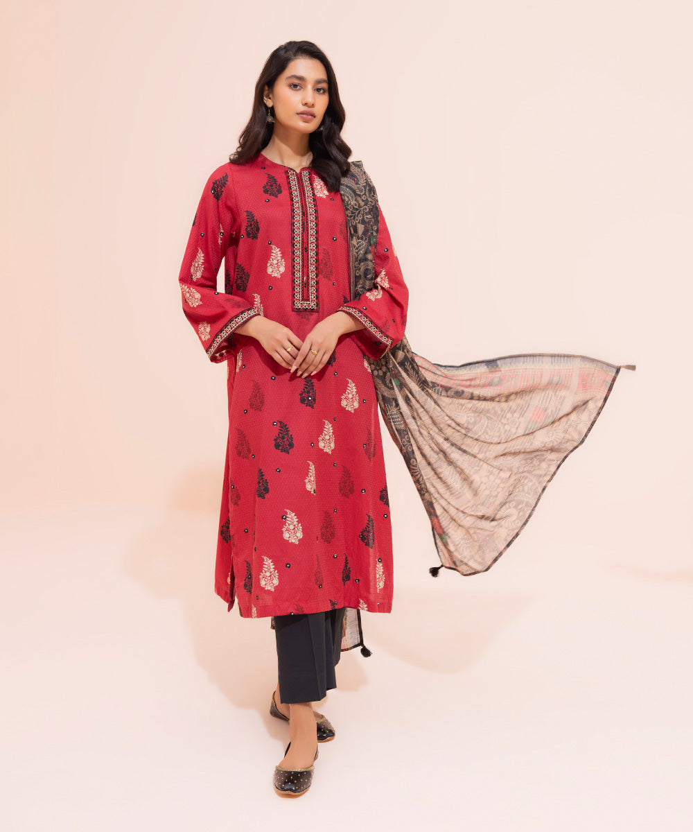 Women's Eid Pret Dobby Embroidered Red 2 Piece Suit